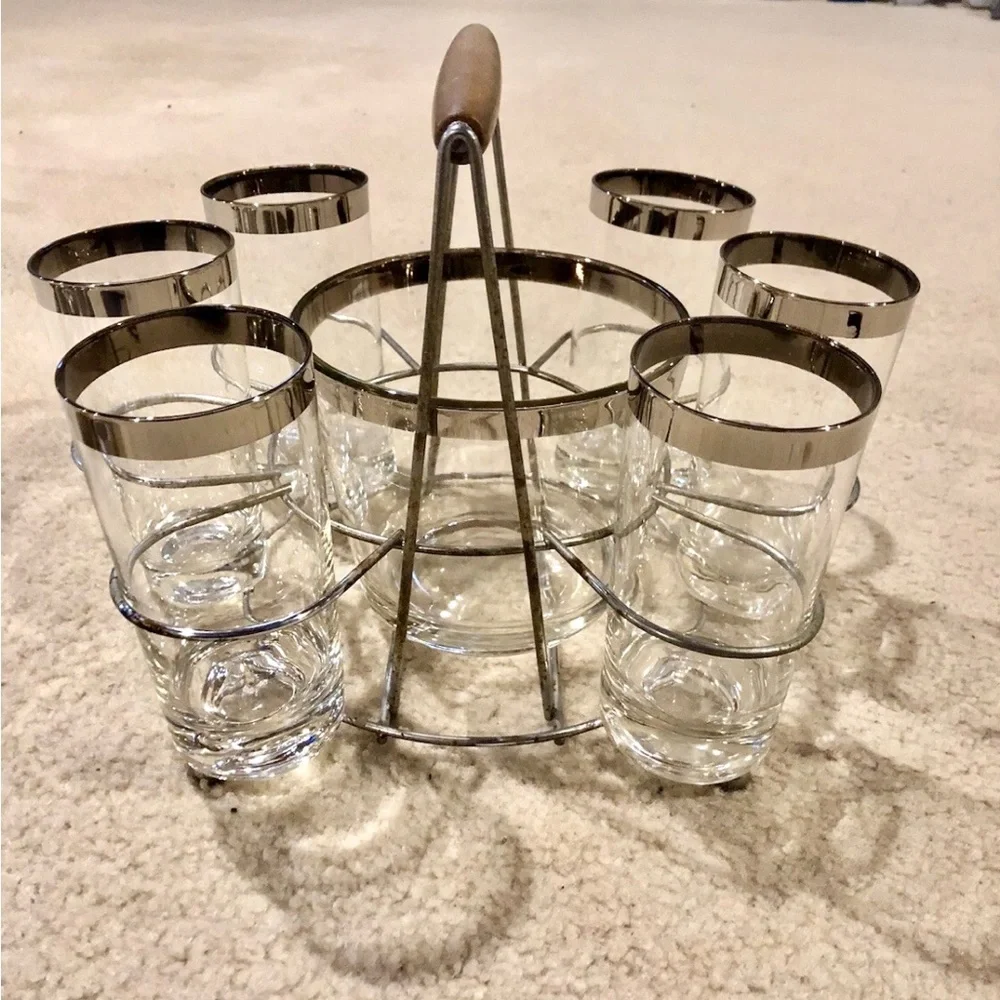 Vintage MCM Glass Dorothy Thorpe bar ware Set with Wooden Handle glasses/bucket